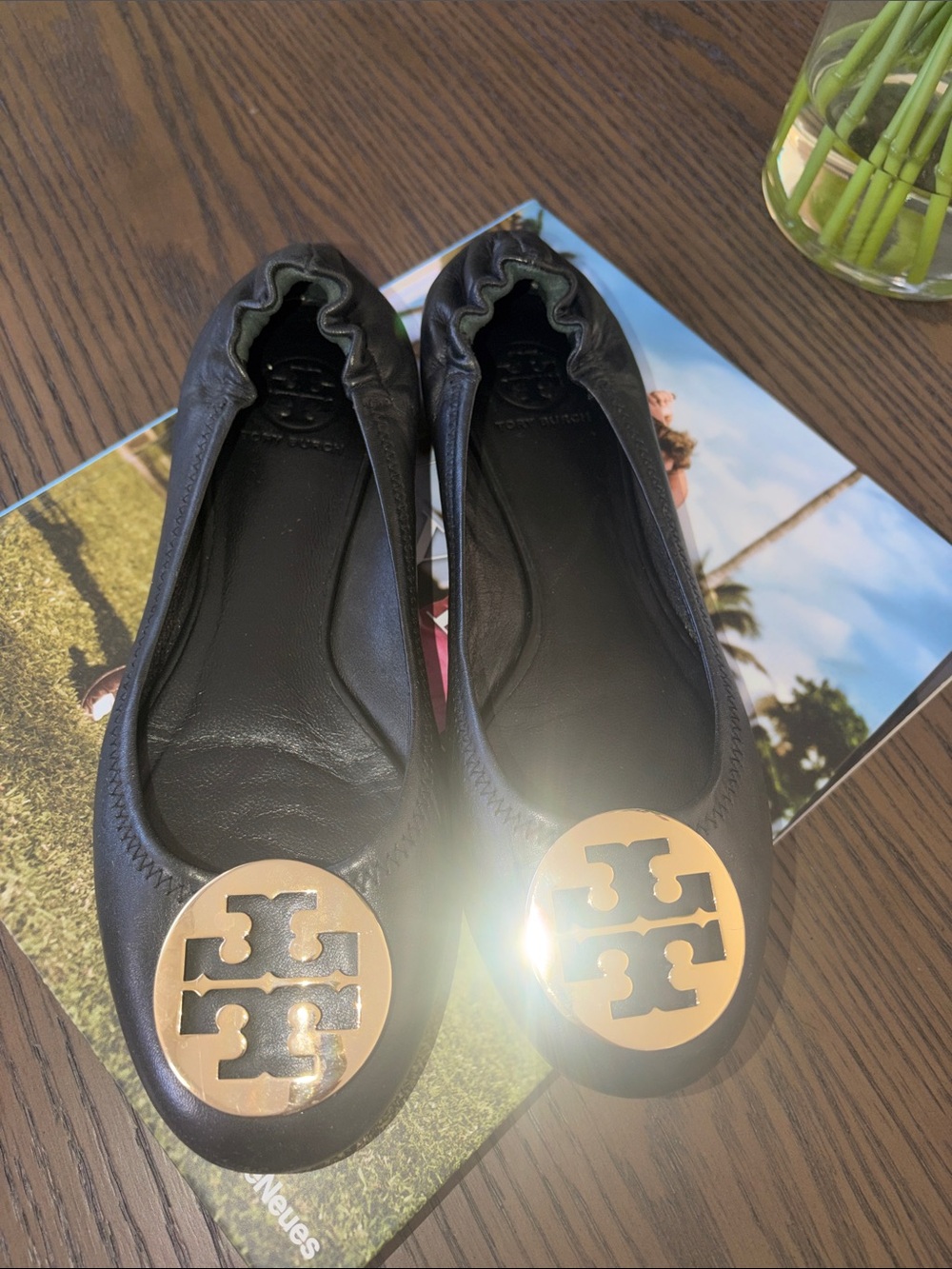 Tory Burch Black Leather Flats with Gold Logo Medallions